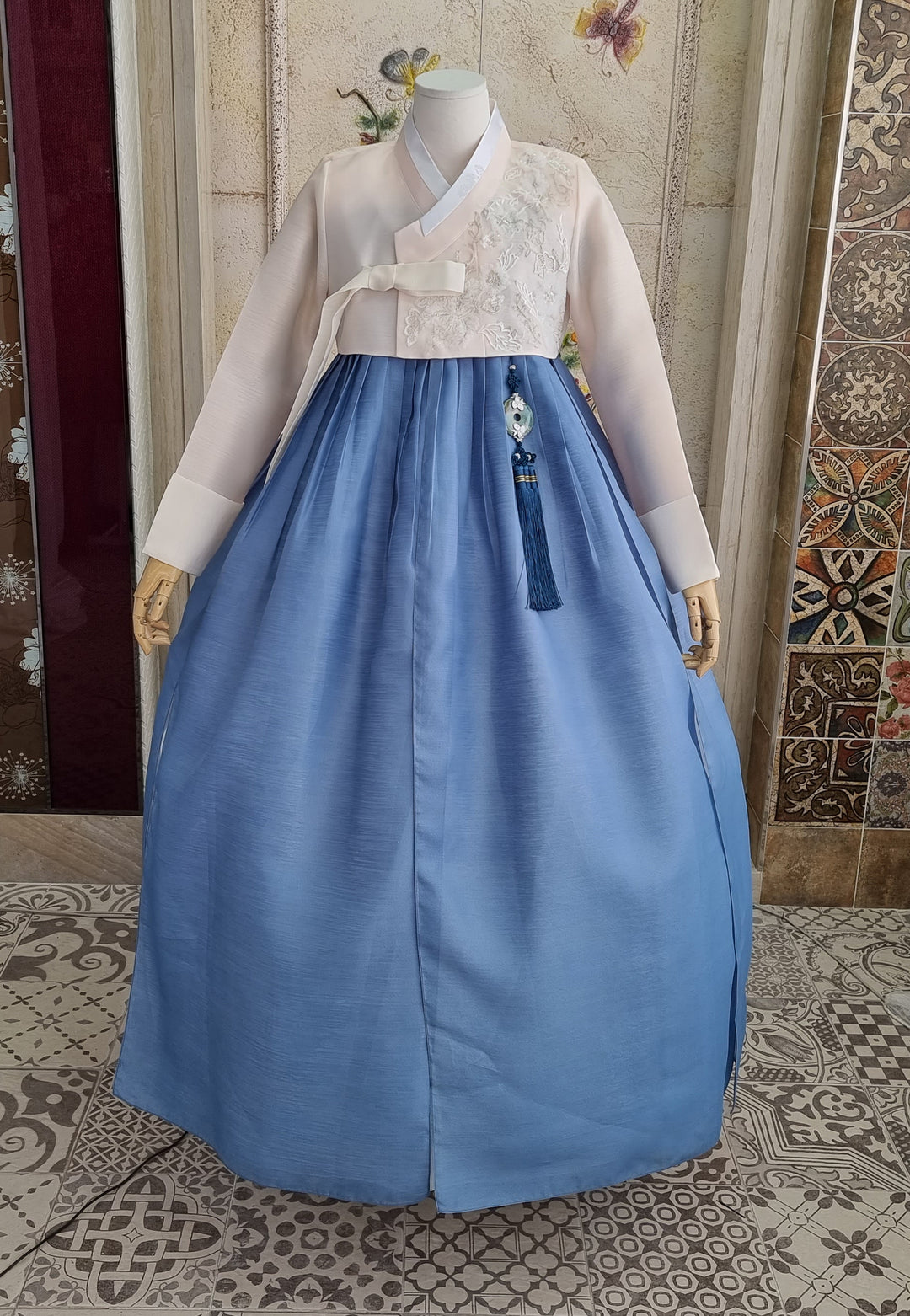 Korean Traditional Woman Personal Custom Hanbok Wedding Party Ceremony Ivory Embroidery Blue Skirt Mom Grandmom Hanbok OSW133