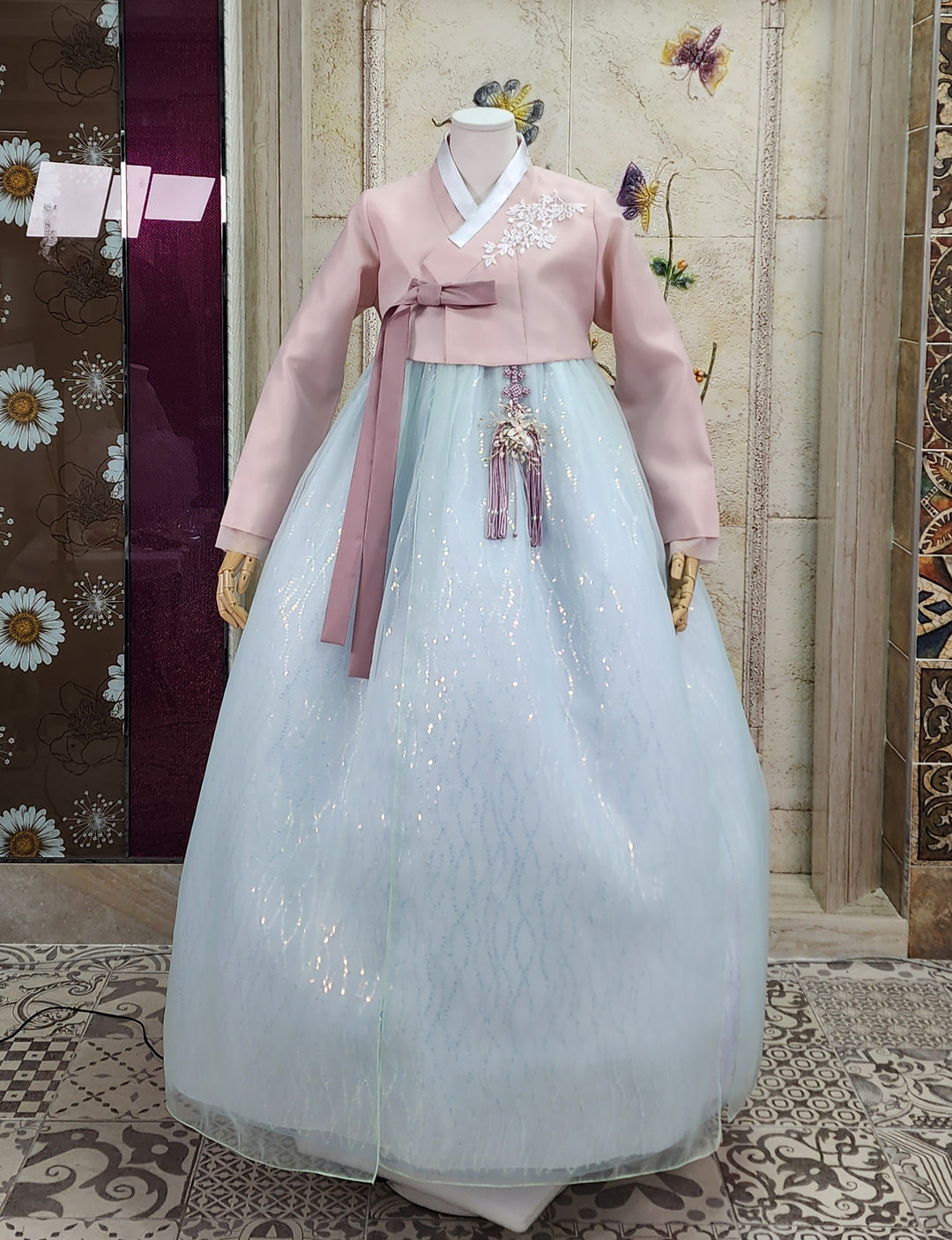 Korean Traditional Woman Personal Custom Hanbok Wedding Party Ceremony Pink Blue Beads Skirt Hanbok 142