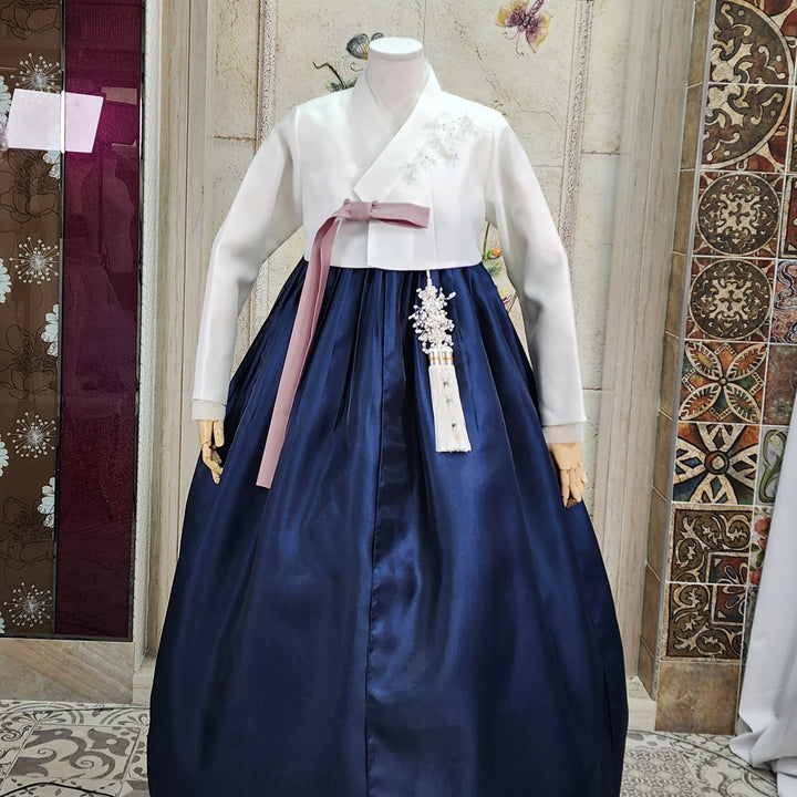 Korean Traditional Woman Personal Custom Hanbok Wedding Party Ceremony Ivory Navy Hanbok OSW007