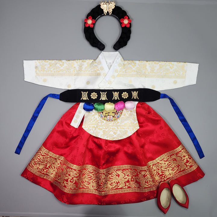 Hanbok Girl Baby Korea Traditional Clothing Set First Birthday Celebration Party Celebration 1–10 Years White Red Skirt Gold Print HG132