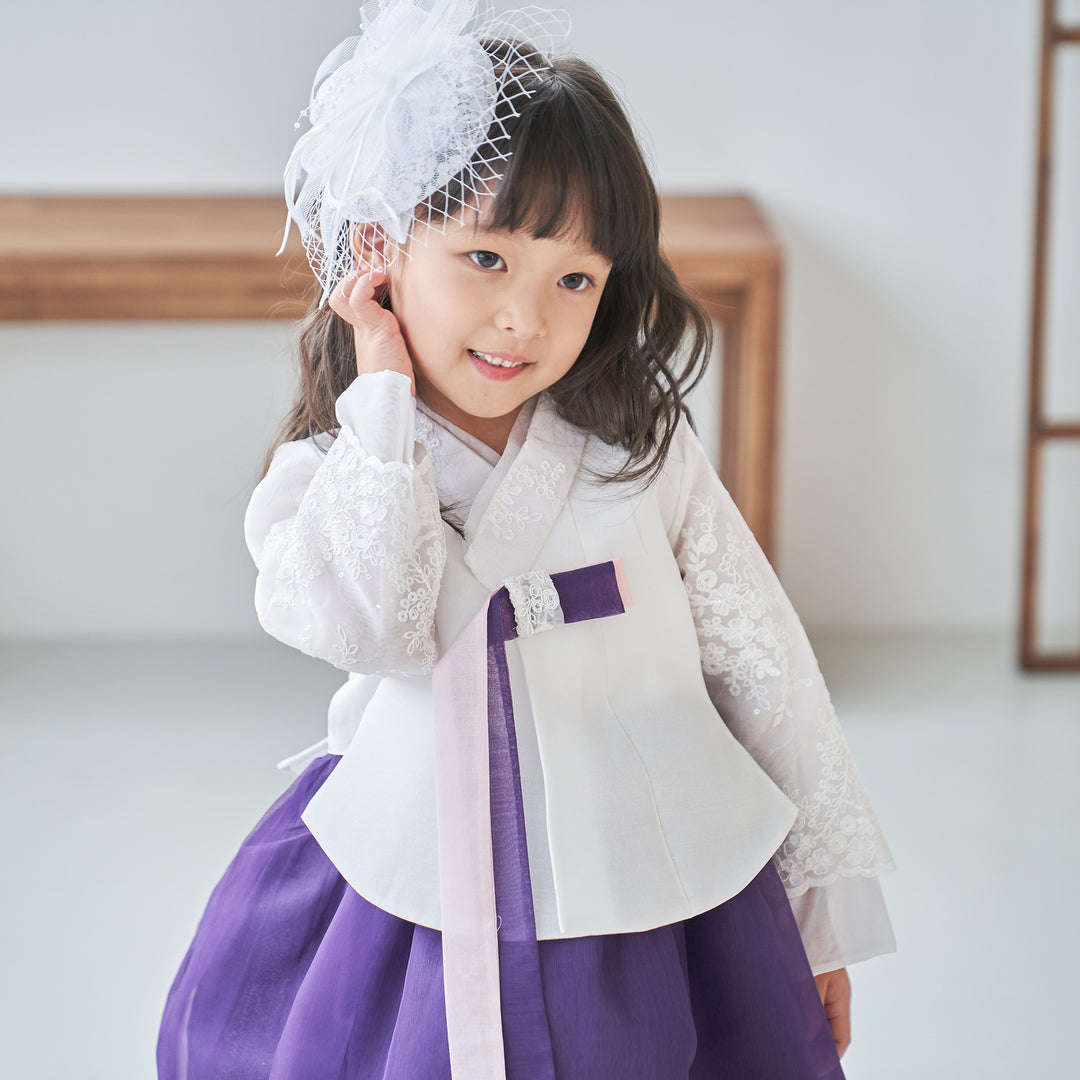 Hanbok Girl Baby Korea Traditional Clothing Set First Birthday Celebration Party Celebration 1 -8 years White Beads Embroidery Purple