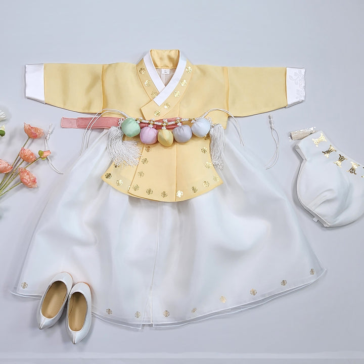 Korea Traditional Hanbok Girl Baby Yellow Gold Print Baikil 1–10 Years 1st Birthday Party GOG205