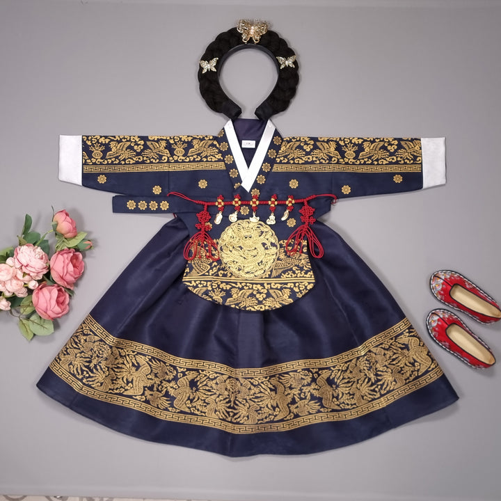 Hanbok Dress Girl Baby Korea Traditional Clothing Set First Birthday Celebration Party 100th Birth1–15 years Gold Print HG134