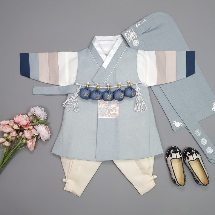 Hanbok Boy Baby Korea Traditional Clothing Set First Birthday Celebration Party 100th Birth Celebration 1–15 years Baby Dusty Blue HGB108