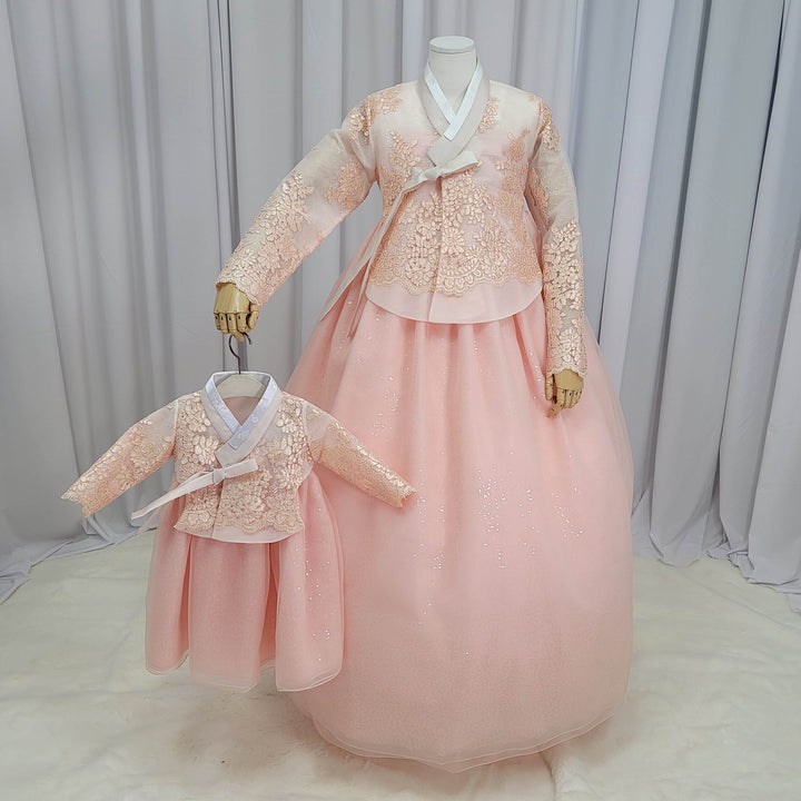 Korean Traditional Fancy Woman Personal Custom Hanbok Wedding Party Ceremony Mom Daughter Couple Look Pink Peach Lace Hanbok OSF138