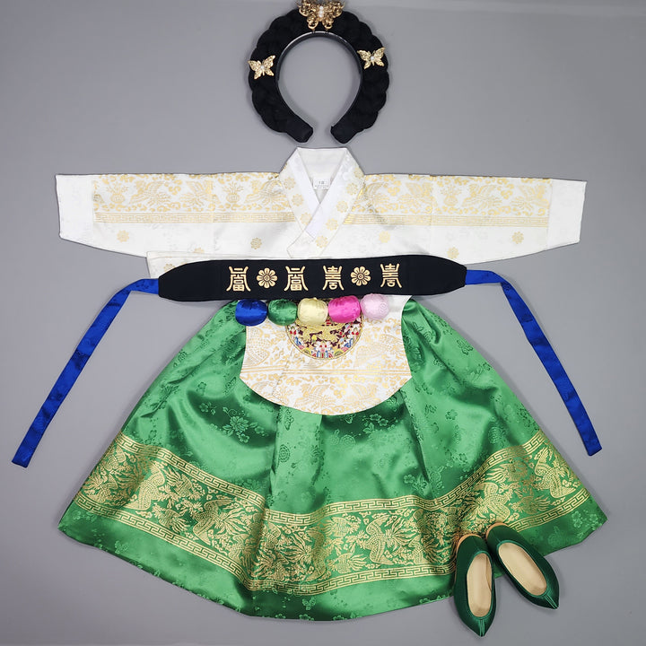 Hanbok Girl Baby Korea Traditional Clothing Set First Birthday Celebration Party Celebration 1–10 Years White Green Skirt Gold Print HG124