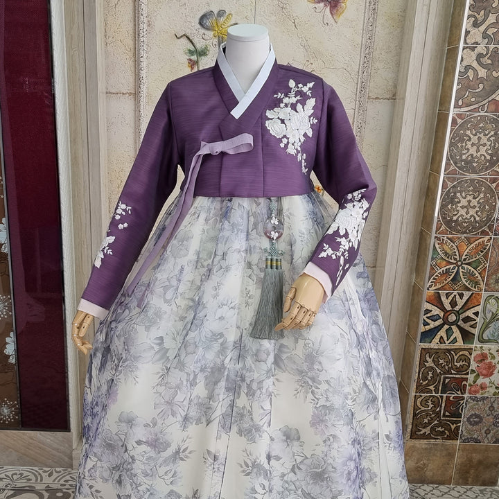 Korean Traditional Woman Personal Custom Hanbok Wedding Party Ceremony Purple Flower Print Hanbok Skirt Mom Grandmom Hanbok OSW140