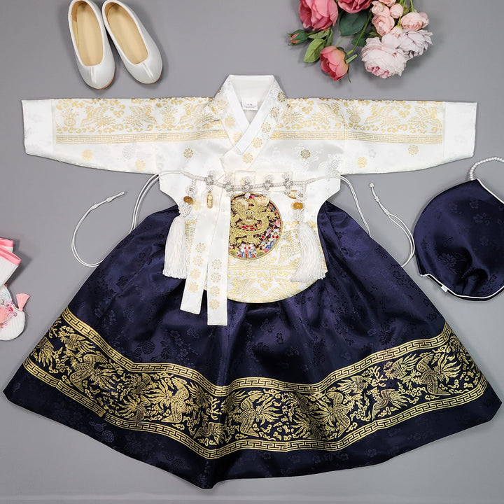 Hanbok Girl Baby Korea Traditional Clothing Set First Birthday Celebration Party Celebration 1–10 Years White Navy Gold Print HG113