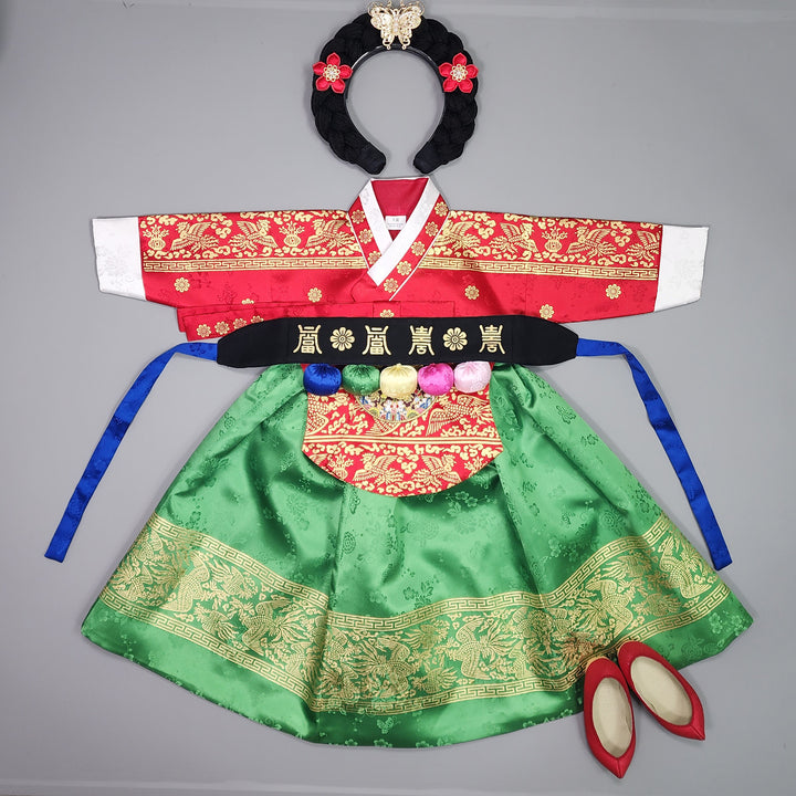 Hanbok Girl Baby Korea Traditional Clothing Set First Birthday Celebration Party Celebration 1–10 Years Red Green Skirt Gold Print HG122