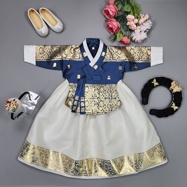 Korea Traditional Hanbok Girl Baby Green-Navy Gold Print Baikil 1–10 Years 1st Birthday Party GOG102