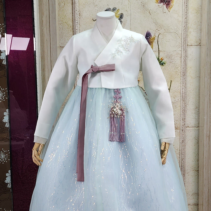 Korean Traditional Woman Personal Custom Hanbok Wedding Party Ceremony Ivory Blue Beads Skirt Hanbok 141