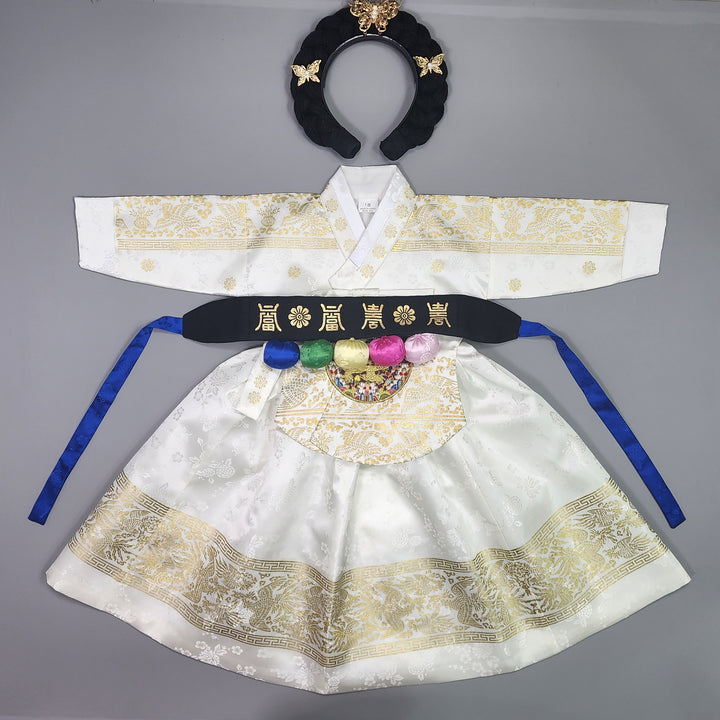 Hanbok Girl Baby Korea Traditional Clothing Set First Birthday Celebration Party Celebration 1–10 Years White Skirt Gold Print HG136