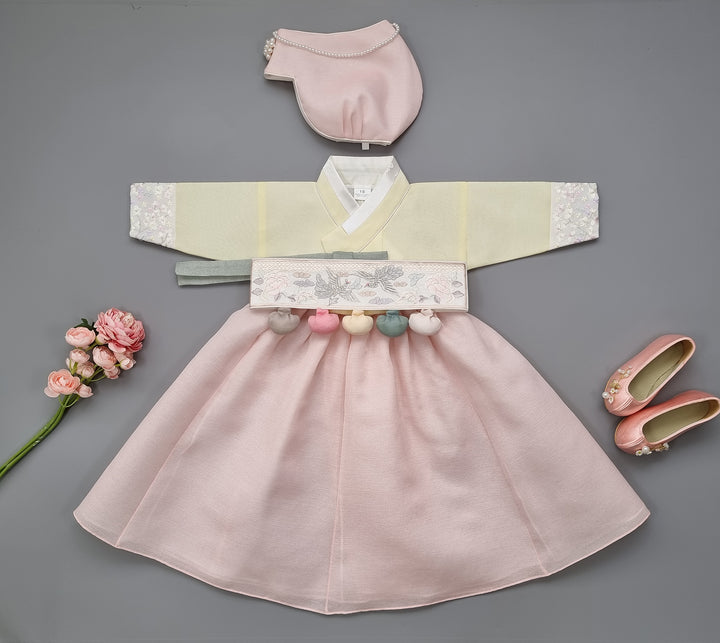 Hanbok Girl Baby Korea Traditional Clothing Set First Birthday Celebration Party 100th Birth Celebration 1–15 years Light Pink Cute Yellow HG164