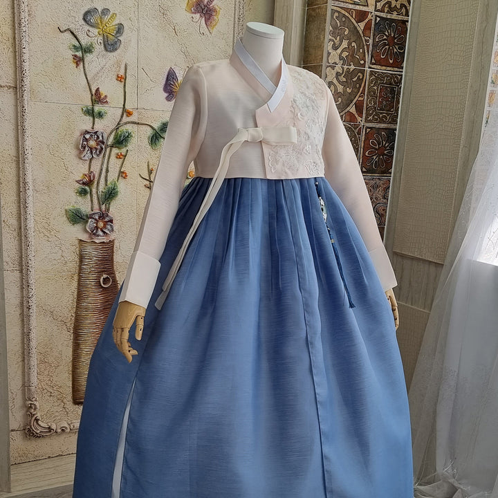 Korean Traditional Woman Personal Custom Hanbok Wedding Party Ceremony Ivory Embroidery Blue Skirt Mom Grandmom Hanbok OSW133