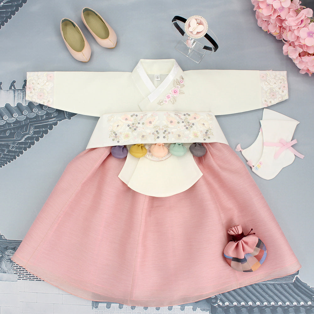 Hanbok Girl Baby Korea Traditional Clothing Set First Birthday Celebration Party 1–10 years 100th days Ivory Pink DGH119