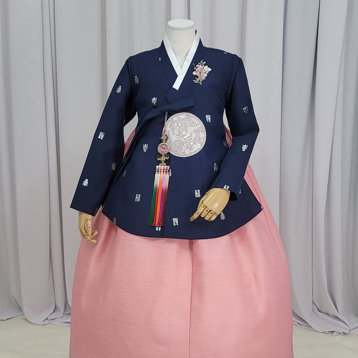 Korean Traditional Woman Personal Custom Hanbok Wedding Party Ceremony High Quality Print Dangui 당의 Queen Princess Design Hanbok Navy Peach OSW149