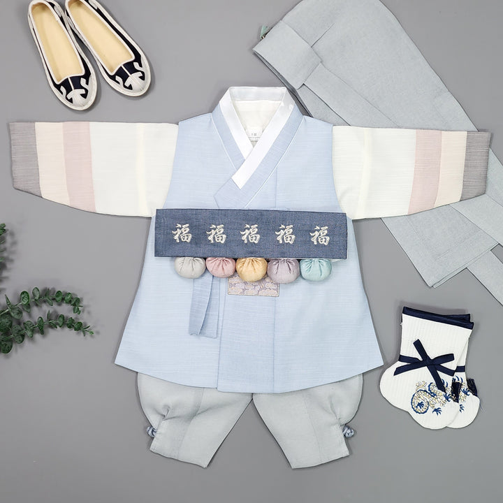 Korean Traditional Boy Baby Hanbok Dol Baikil Party Celebration 100th-15 Ages Sky Blue JYB110