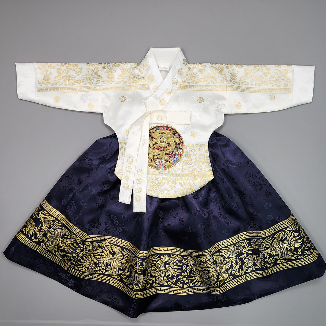 Hanbok Girl Baby Korea Traditional Clothing Set First Birthday Celebration Party Celebration 1–10 Years White Navy Gold Print HG113