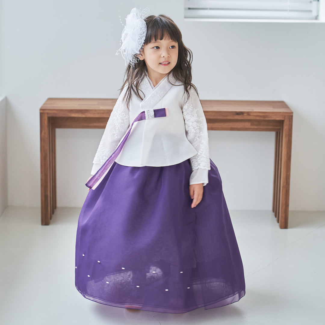 Hanbok Girl Baby Korea Traditional Clothing Set First Birthday Celebration Party Celebration 1 -8 years White Beads Embroidery Purple