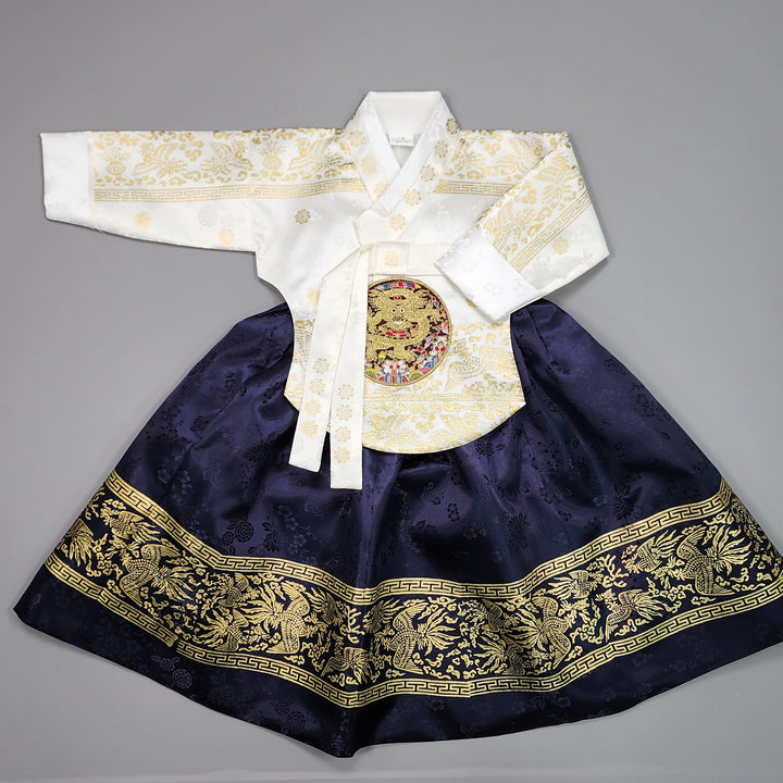 Hanbok Girl Baby Korea Traditional Clothing Set First Birthday Celebration Party Celebration 1–10 Years White Navy Gold Print HG113