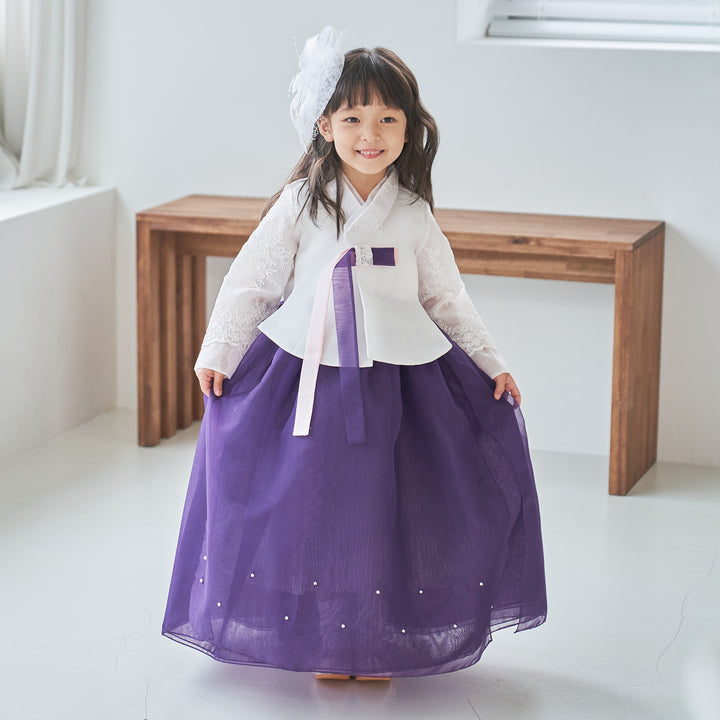 Hanbok Girl Baby Korea Traditional Clothing Set First Birthday Celebration Party Celebration 1 -8 years White Beads Embroidery Purple