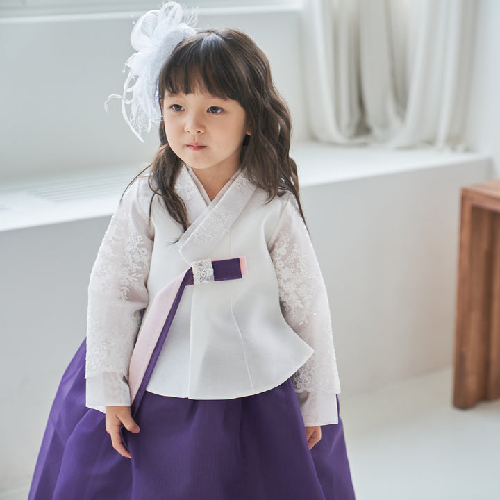 Hanbok Girl Baby Korea Traditional Clothing Set First Birthday Celebration Party Celebration 1 -8 years White Beads Embroidery Purple