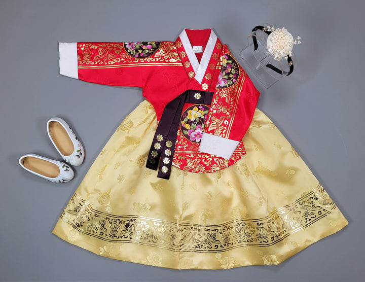 Hanbok Dress Girl Baby Korea Traditional Clothing Set First Birthday Celebration Party 100th Birth1–15 years Gold Print HG151