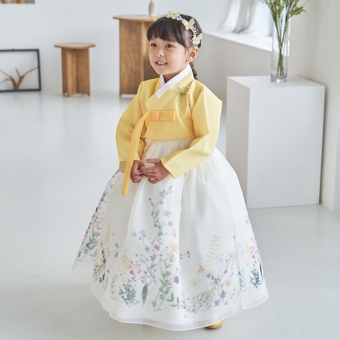 Hanbok Girl Baby Korea Traditional Clothing Set First Birthday Celebration Party 100th Birth Celebration 1-8 years Yellow Flower