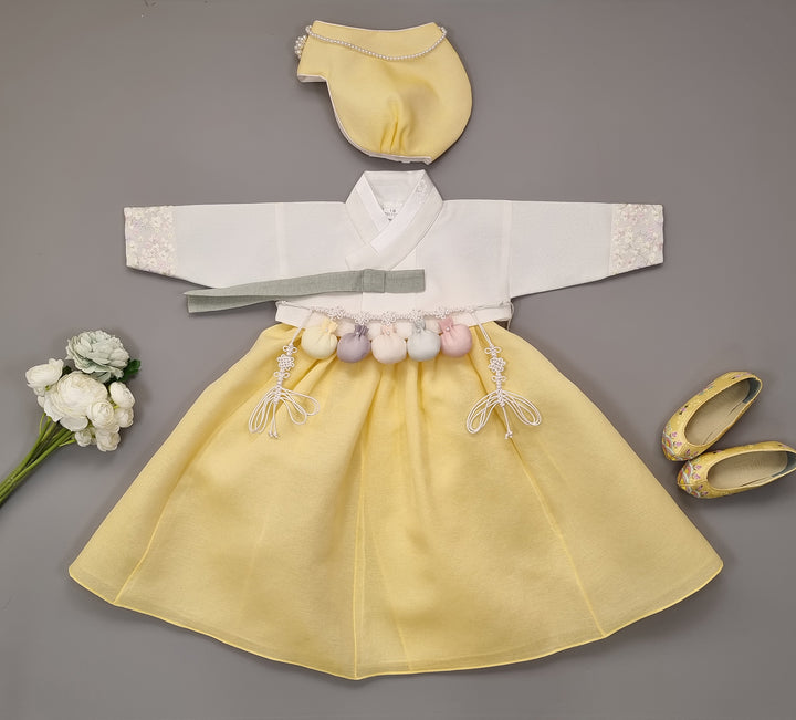 Hanbok Girl Baby Korea Traditional Clothing Set First Birthday Celebration Party 100th Birth Celebration 1–15 years Ivory Yellow HG166