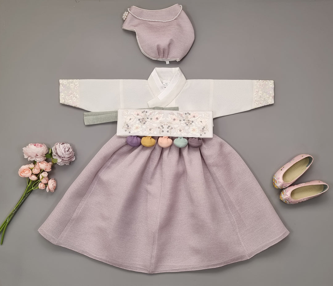 Hanbok Girl Baby Korea Traditional Clothing Set First Birthday Celebration Party 100th Birth Celebration 1–15 years Ivory Violet HG165