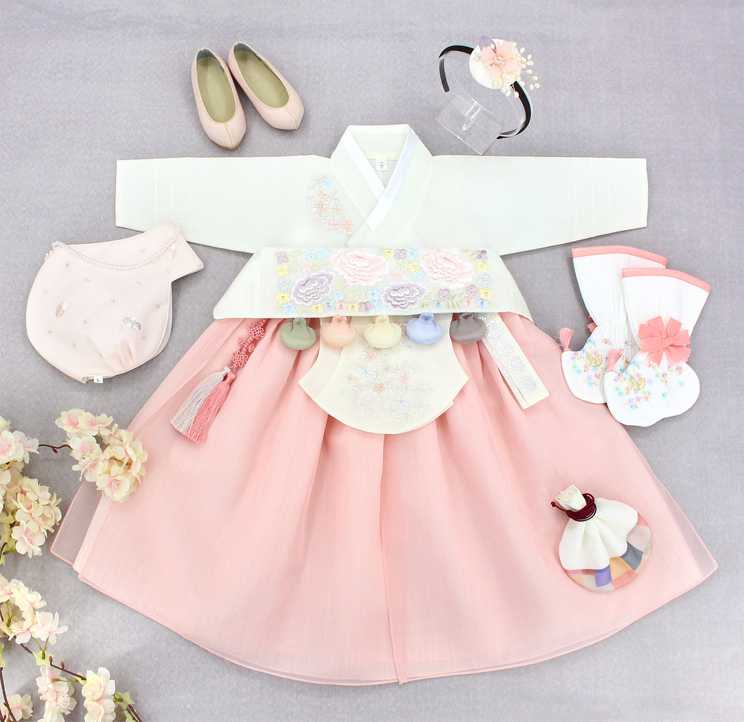 Hanbok Girl Baby Korea Traditional Clothing Set First Birthday Celebration Party Celebration 1–8 years Ivory Peach Embroidery DGH108