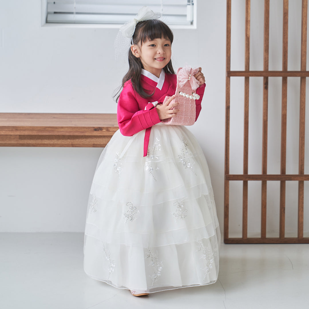 Hanbok Dress Girl Baby Korea Traditional Clothing Set First Birthday Celebration Party Celebration 1-10 Years Hot Pink Beads