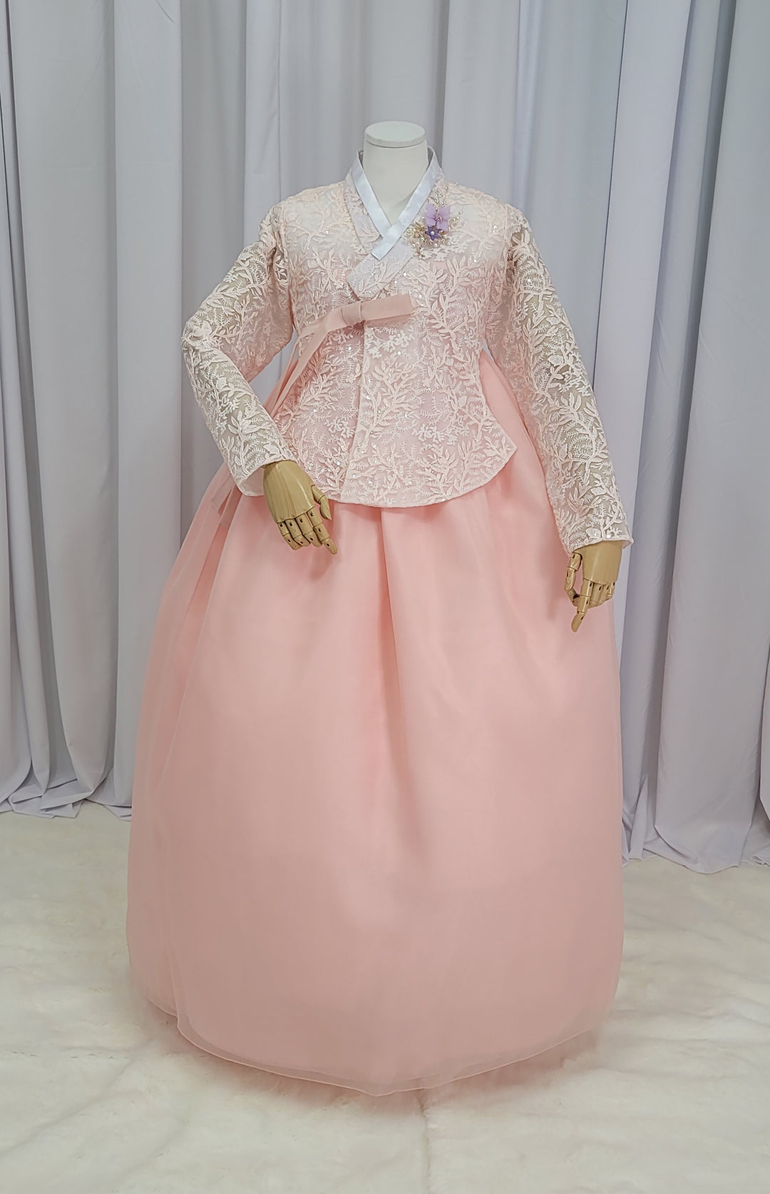 Korean Traditional Fancy Woman Personal Custom Hanbok Wedding Party Ceremony Mom Daughter Couple Look Pink Peach Lace Hanbok OSF136