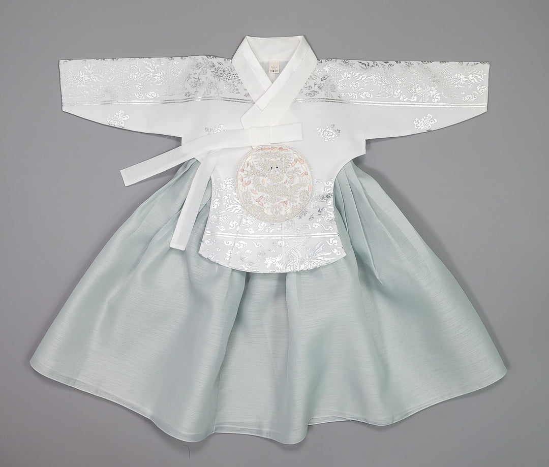 Hanbok Girl Baby Korea Traditional Clothing Set First Birthday Celebration Party Celebration 1–15 years White Mint Silver Print OSG327