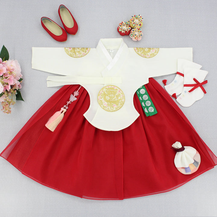 Hanbok Girl Baby Korea Traditional Clothing Set First Birthday Celebration Party 1–6 years 100th days Ivory Red Gold Patch DGH118