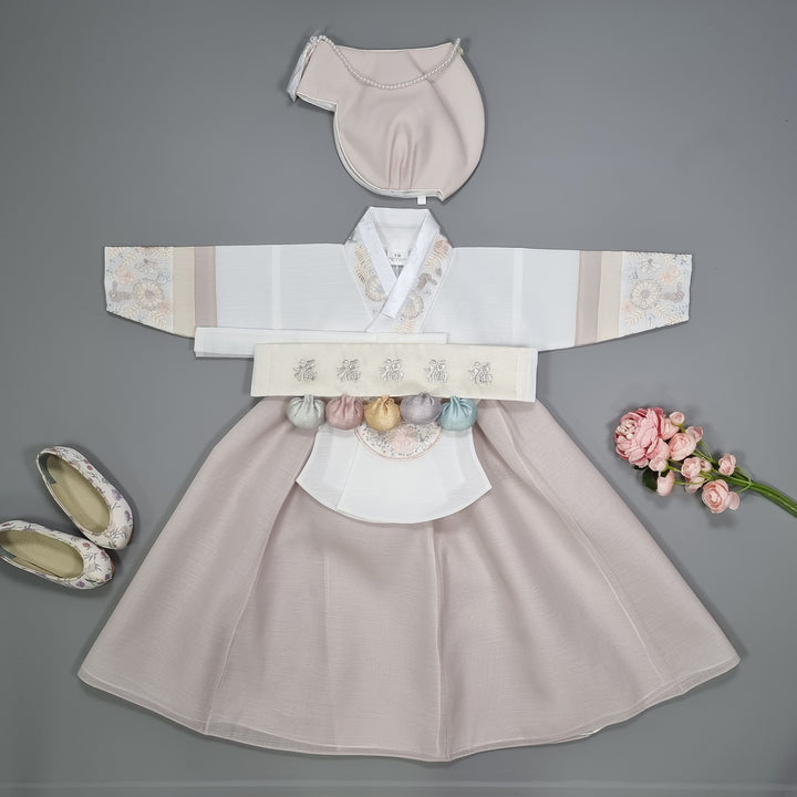 Hanbok Girl Baby Korea Traditional Clothing Set First Birthday Celebration Party 100th Birth Celebration 1 - 15 years White Embroidery Beige