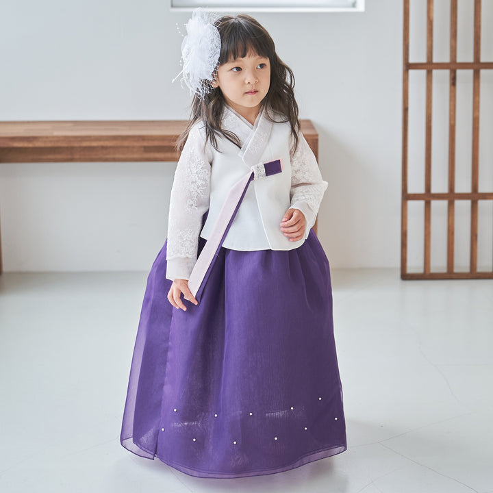 Hanbok Girl Baby Korea Traditional Clothing Set First Birthday Celebration Party Celebration 1 -8 years White Beads Embroidery Purple