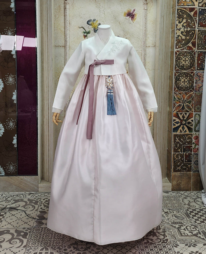 Korean Traditional Woman Personal Custom Hanbok Wedding Party Ceremony Ivory Embroidery Light Pink Skirt Mom Grandmom Hanbok 148