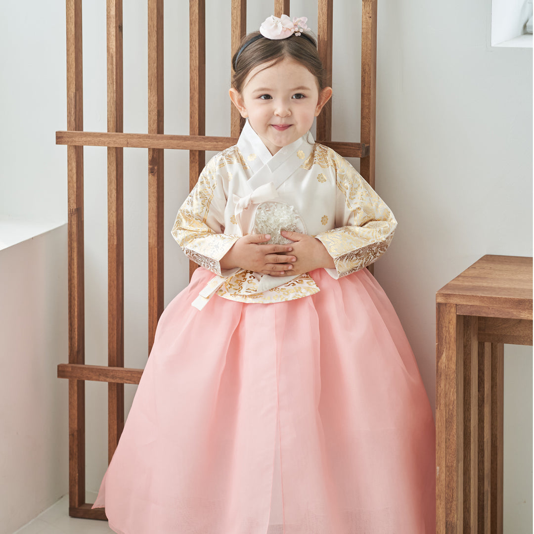 Hanbok Dress Girl Baby Korea Traditional Clothing Set First Birthday Celebration Party Celebration 1–8 Years Ivory Pink Fancy Gold Print OS106