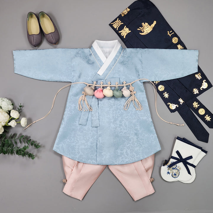 Korean Traditional Boy Baby Hanbok Dol Baikil Party Celebration 100 Days-8 Ages Oriental Silk Sky Blue OSB162