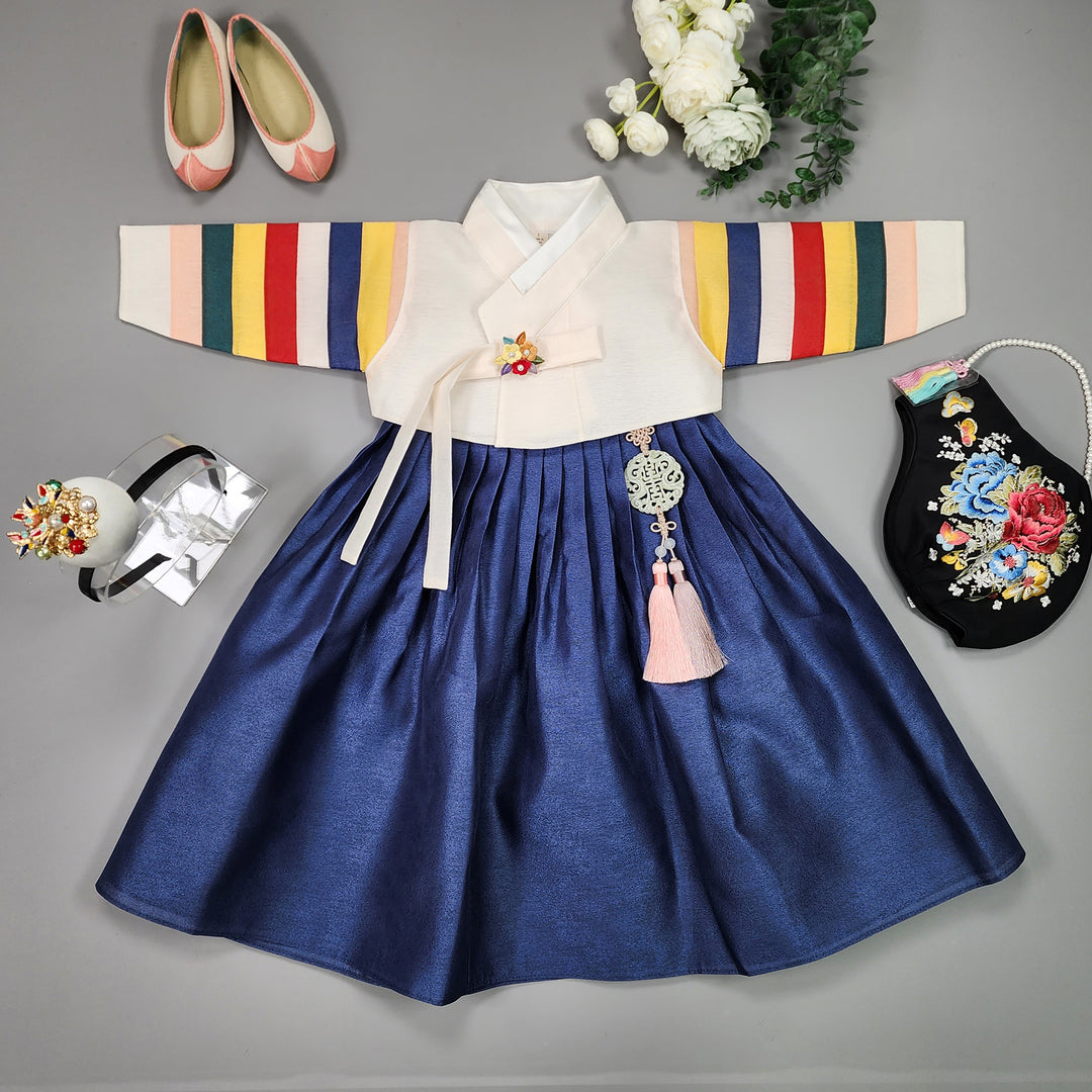 Hanbok Girl Baby Korea Traditional Clothing Set First Birthday Celebration Party Celebration 1–8 Years Vivid Navy Saekdong 색동저고리 OSG329