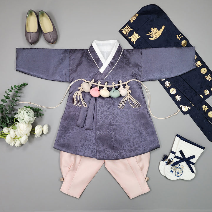 Korean Traditional Boy Baby Hanbok Dol Baikil Party Celebration 100 Days-8 Ages Oriental Silk Gray OSB164