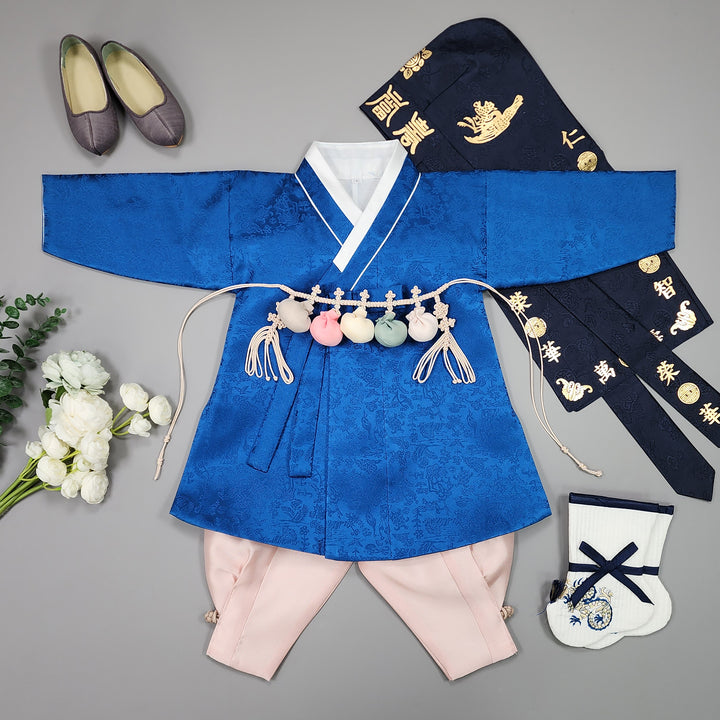 Korean Traditional Boy Baby Hanbok Dol Baikil Party Celebration 100 Days-8 Ages Oriental Silk Dark Blue OSB163