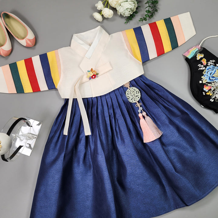 Hanbok Girl Baby Korea Traditional Clothing Set First Birthday Celebration Party Celebration 1–8 Years Vivid Navy Saekdong 색동저고리 OSG329