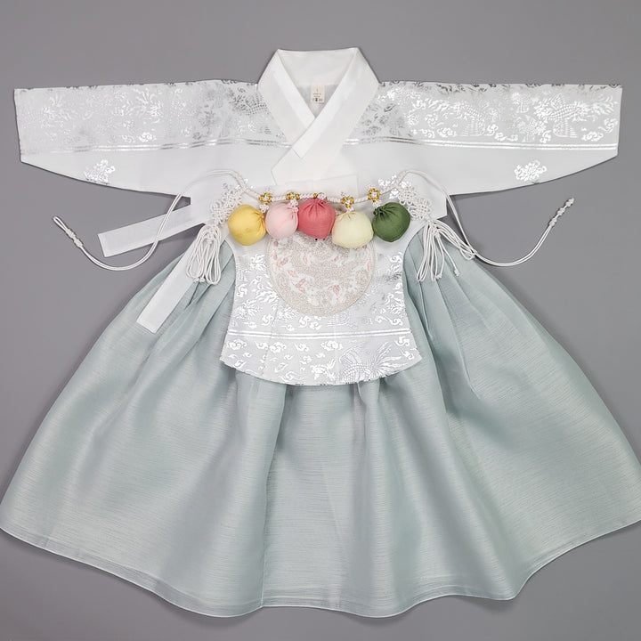 Hanbok Girl Baby Korea Traditional Clothing Set First Birthday Celebration Party Celebration 1–15 years White Mint Silver Print OSG327