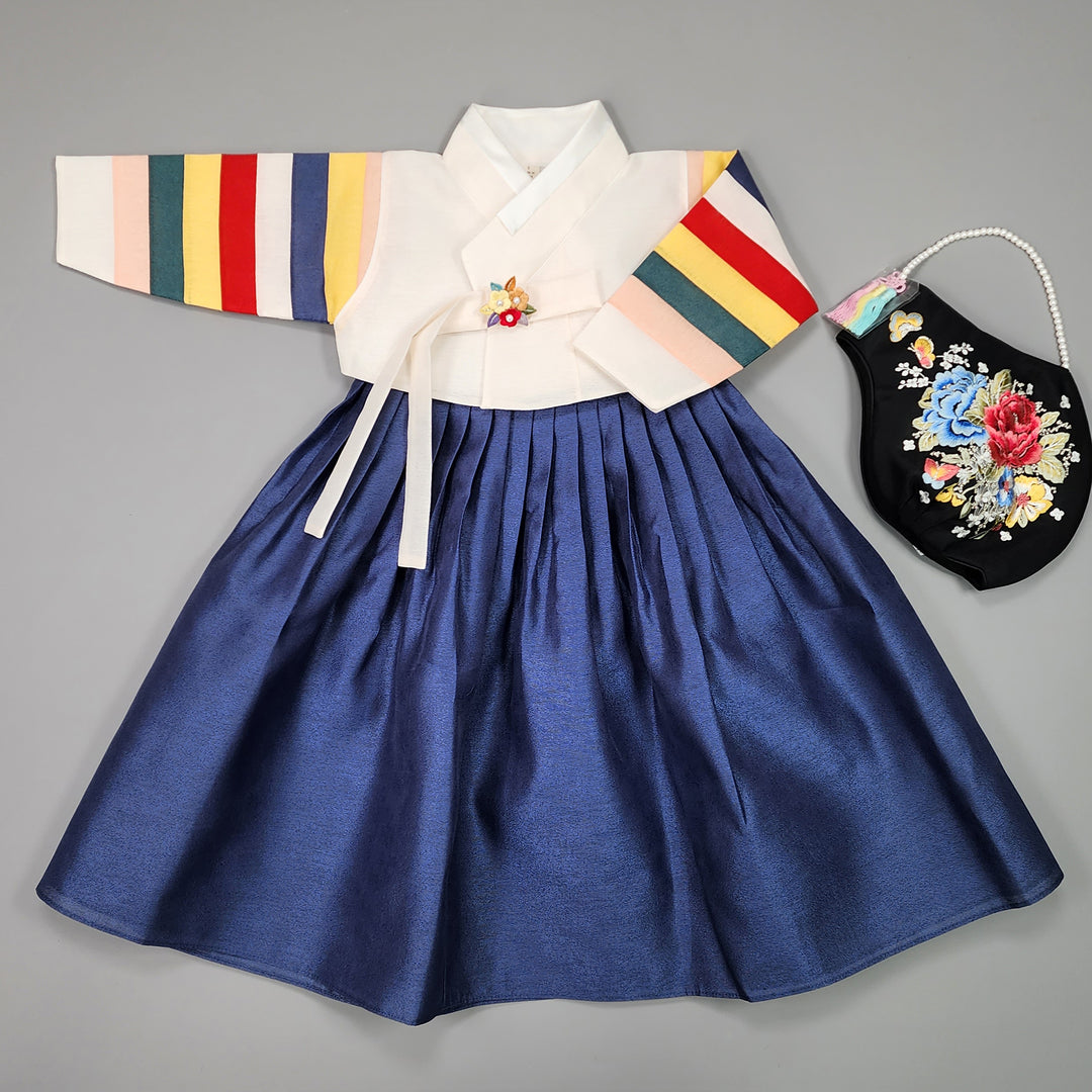 Hanbok Girl Baby Korea Traditional Clothing Set First Birthday Celebration Party Celebration 1–8 Years Vivid Navy Saekdong 색동저고리 OSG329