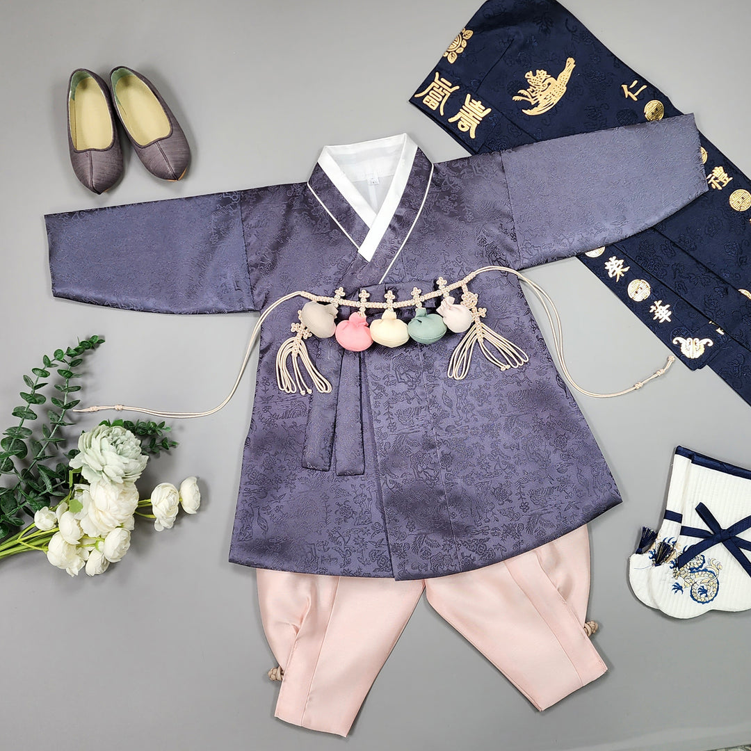 Korean Traditional Boy Baby Hanbok Dol Baikil Party Celebration 100 Days-8 Ages Oriental Silk Gray OSB164