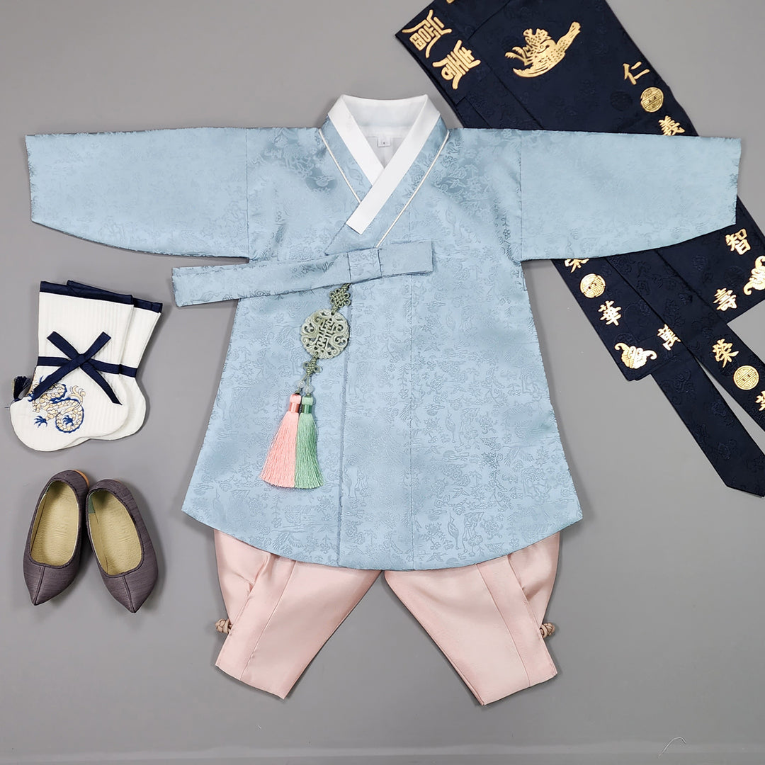 Korean Traditional Boy Baby Hanbok Dol Baikil Party Celebration 100 Days-8 Ages Oriental Silk Sky Blue OSB162