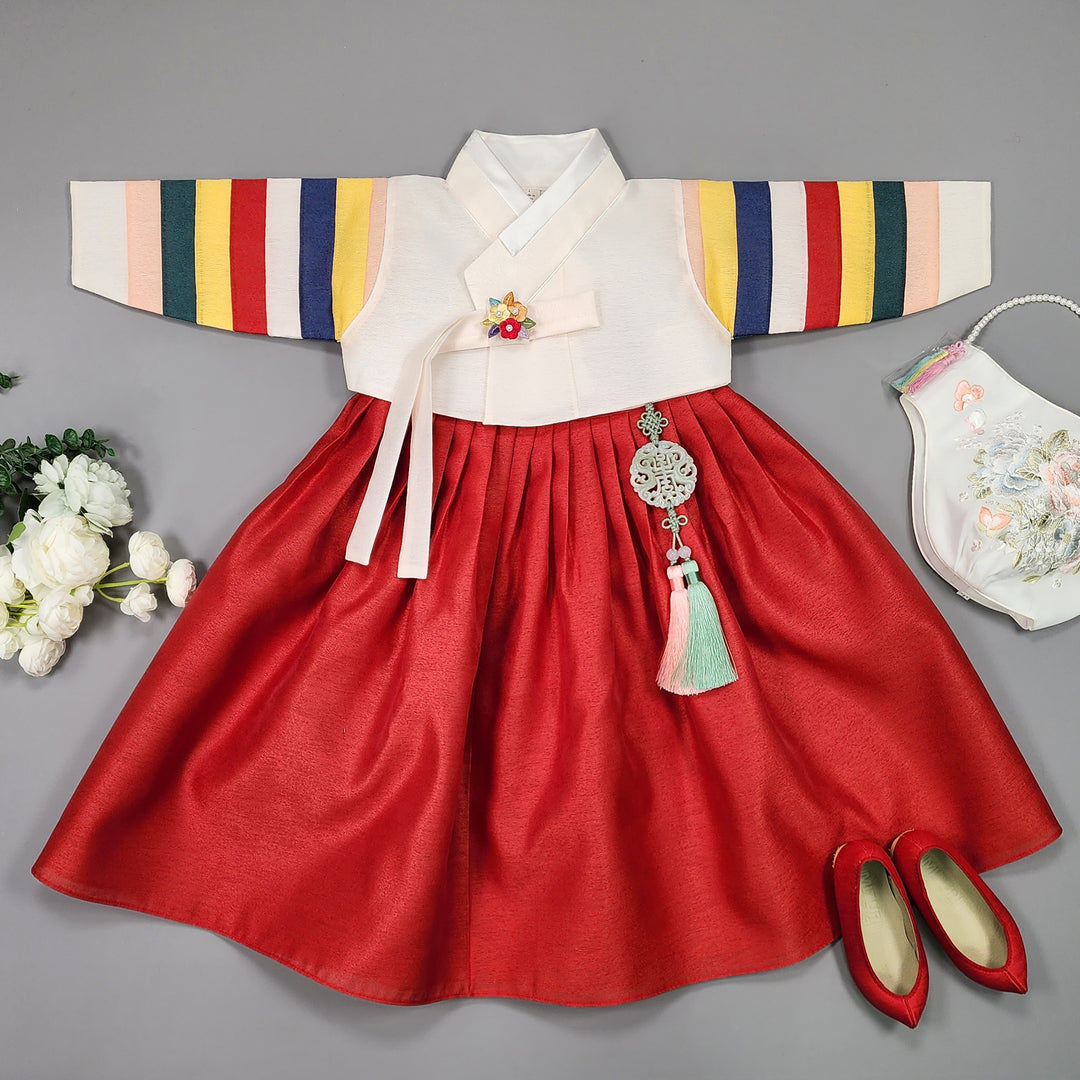 Hanbok Girl Baby Korea Traditional Clothing Set First Birthday Celebration Party Celebration 1–8 Years Vivid Red Saekdong 색동저고리 OSG330