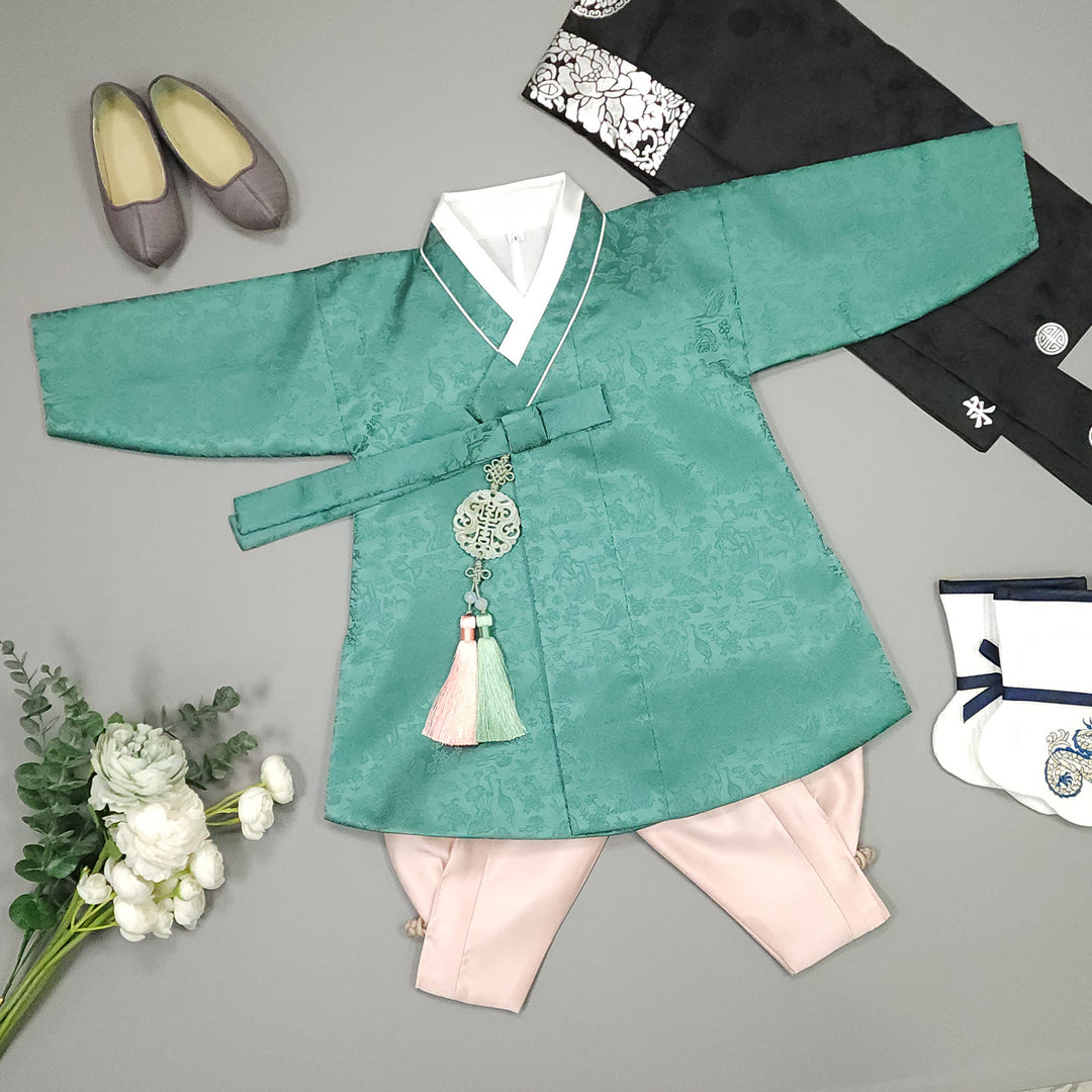 Korean Traditional Boy Baby Hanbok Dol Baikil Party Celebration 100 Days-8 Ages Oriental Silk Green OSB161